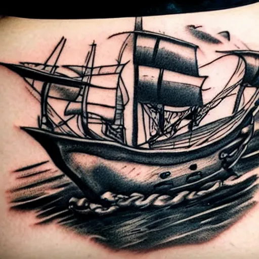 Image similar to A magical pirate ship tattoo realistic tattoo sketch on white background, hyper realistic shaded tattoo, award winning tattoo