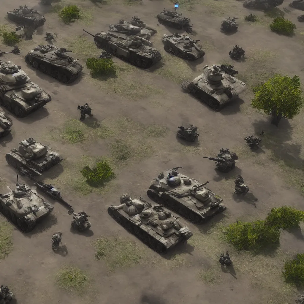 Image similar to war, battlefield, tanks, infantry, top - down view, detailed, cinematic, unreal engine