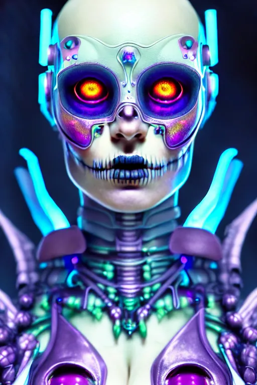 Image similar to ultra detailed, ethereal closeup photo of female android, flowerpunk, studio photo, floodlight, fantasy art, octane render, unreal engine, dia de los muertos, photorealistic concept art, triadic color scheme, art by artgerm and wlop and giger and greg rutkowski and alphonse mucha, 8 k