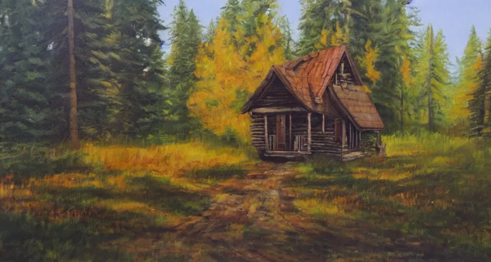 Image similar to one log cabin in the forest, beautiful painting, oil on canvas, by Ewa Czarniecka, award winning masterpiece,