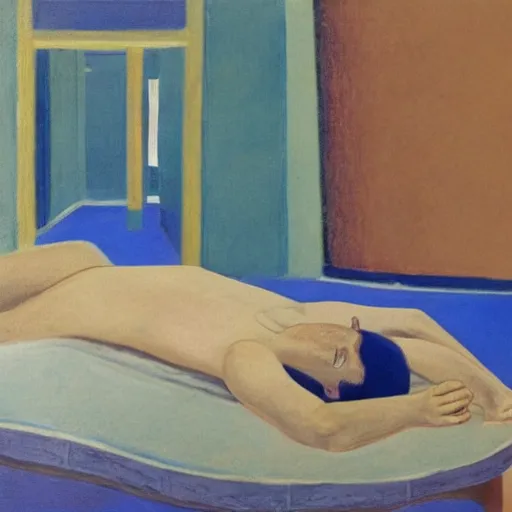 Image similar to different parts of human bodies lie in different places of the blue room, in style of mihail larionov, avant - garde.