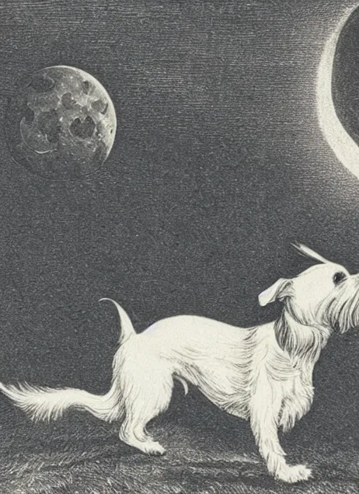 Prompt: candid portrait of jack russel dog looking up barking at the moon, night sky, highly detailed, side view, illustrated by peggy fortnum and beatrix potter and sir john tenniel