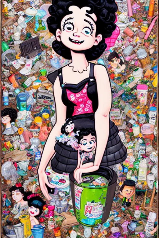 Image similar to full view, from a distance, of anthropomorphic trashcan who is betty boop, full of trash, style of yoshii chie and hikari shimoda and martine johanna, highly detailed