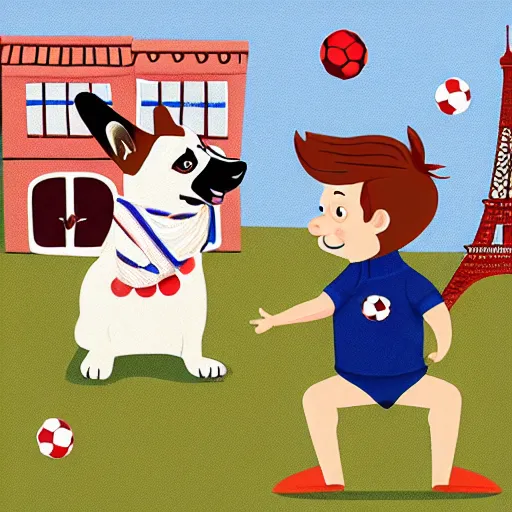 Image similar to illustration of french boy in paris playing football against a corgi, the corgi is wearing a polka dot scarf