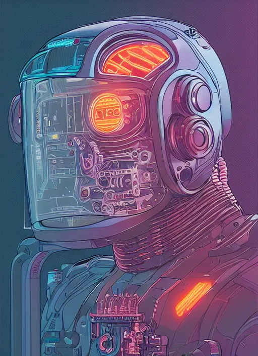 Image similar to portrait of a cyborg humanoid with mechanical and electronic element, neon light, illustrated by Laurie Greasley and Michael Whelan, highly detailed, trending on artstation