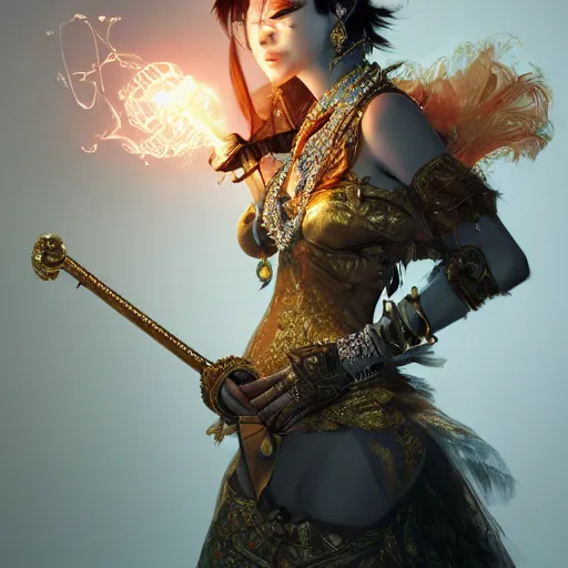 Image similar to the portrait, masked female violinist, exotic costumes, gold jewelry, black hair ， illustration by wenjun lin, irakli nadar, bright colors, octopath traveler, wenjun lin, unreal engine 5 highly rendered, global illumination, radiant light, detailed and intricate environment