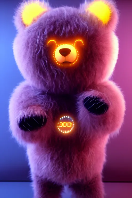 Image similar to high quality 3 d render very cute fluffy cyberpunk bear! plays electric guitar, cyberpunk highly detailed, unreal engine cinematic smooth, in the style of blade runner & detective pikachu, hannah yata charlie immer, moody light, low angle, uhd 8 k, sharp focus