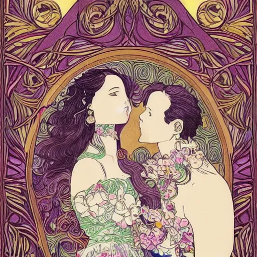 Image similar to a couple in love. she has dark wavy hair. he is bald. in the style of art nouveau. alphonse mocha. colorful floral. hyper detailed. intricate. beautiful.