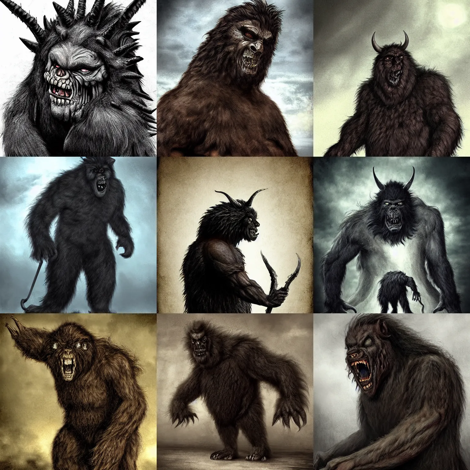 Prompt: monster, dark, big, beast, hairy, fur, tall, gargantuan, digital art, human, medieval era, scary