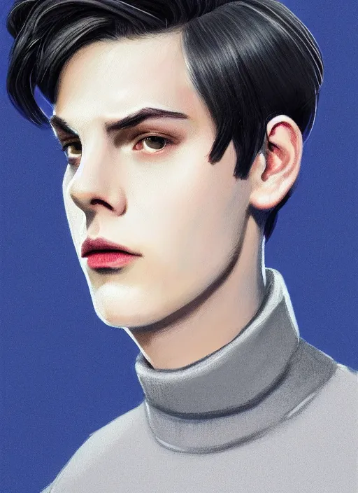 Image similar to portrait of teenage jughead jones wearing a light grey crown, crown, blue turtleneck, 1 9 5 0 s, closed eyes, photorealistic, black hair, glowing lighting, intricate, elegant, glowing lights, highly detailed, digital painting, artstation, concept art, smooth, sharp focus, illustration, art by wlop, mars ravelo and greg rutkowski