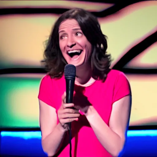 Image similar to film still of netflix comedy special. 3 8 - year - old, short height, good - looking, standup comedian, skateboarder style, pale complexion, female, irish and italian and jewish descent, fit, on stage, laughing, telling jokes