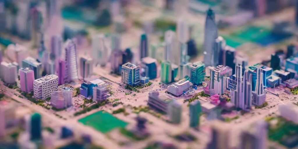 Image similar to macro photo of a miniature vaporwave city, canon 8 0 d, canon 1 0 0 mm f / 2. 8, 4 k,