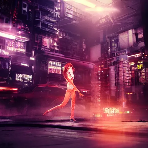 Image similar to a girl like (yoona, Elle Fanning), punching in a bag, background cyberpunk city, full shot, photo, volumetric lighting, epic composition, intricate details, dark neon punk, by KDA