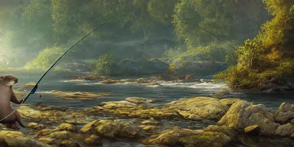 Image similar to breathtaking painting of cute otter hanging fishing rod and fishing on coast of river, morning forest, octane render, artstation, stylized, HDR, smooth light, morning light, 8k