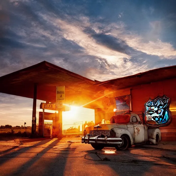 Image similar to a sunset light landscape with historical route 6 6, lots of sparkling details and sun ray ’ s, blinding backlight, smoke, volumetric lighting, colorful, octane, 3 5 mm, abandoned gas station, old rusty pickup - truck, beautiful epic colored reflections, very colorful heavenly, softlight