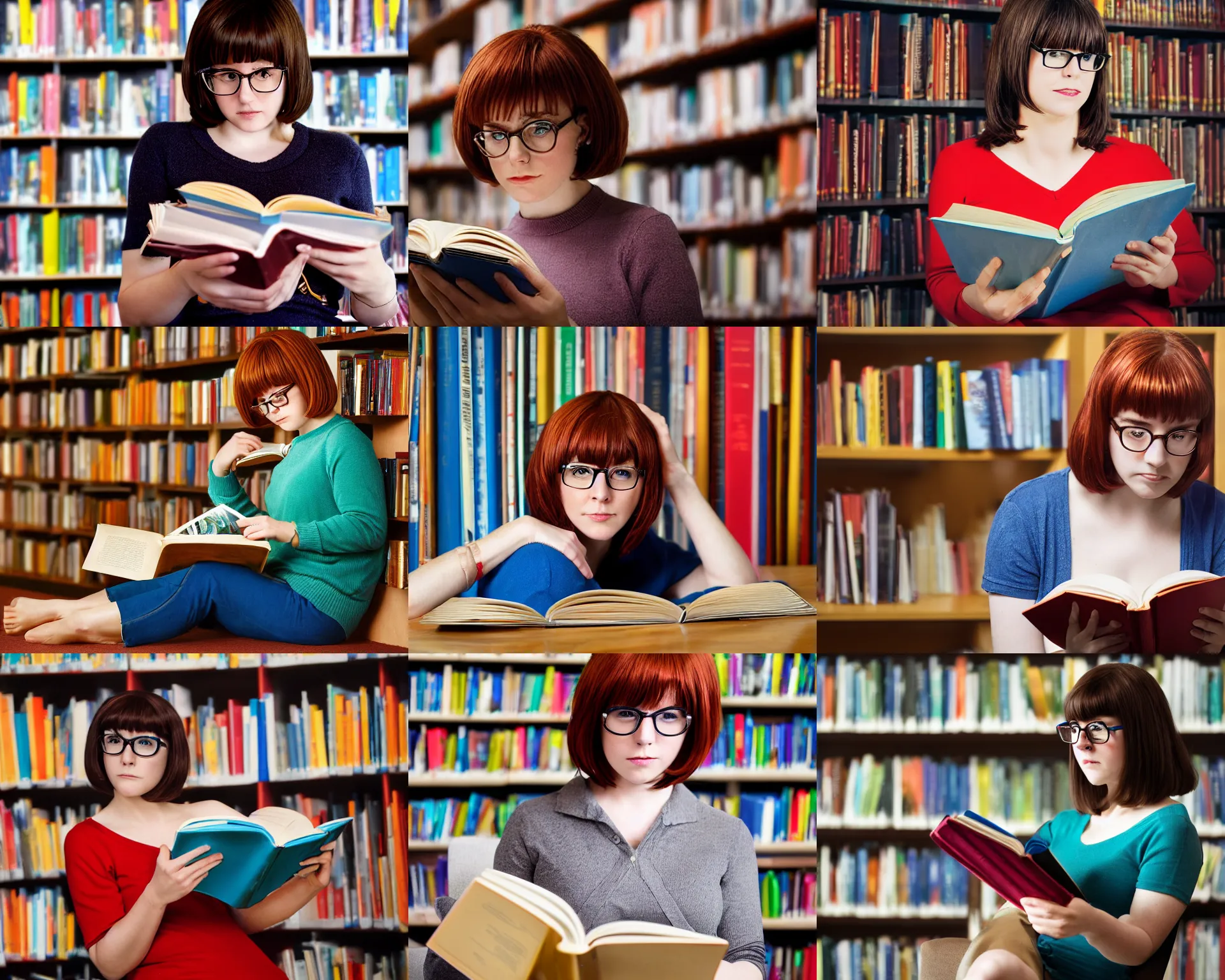 Prompt: velma dinkley cosplayer reading a book at a library, close - up studio photographic portrait by steve mccurry