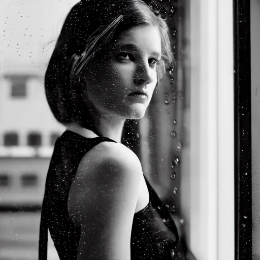 Prompt: black and white fashion photograph highly detailed portrait of a depressed beautiful 30 years old model woman standing by the window, natural light, rain, mist, lomo, fashion photography, film grain, soft vignette, sigma 85mm f/1.4 1/10 sec shutter