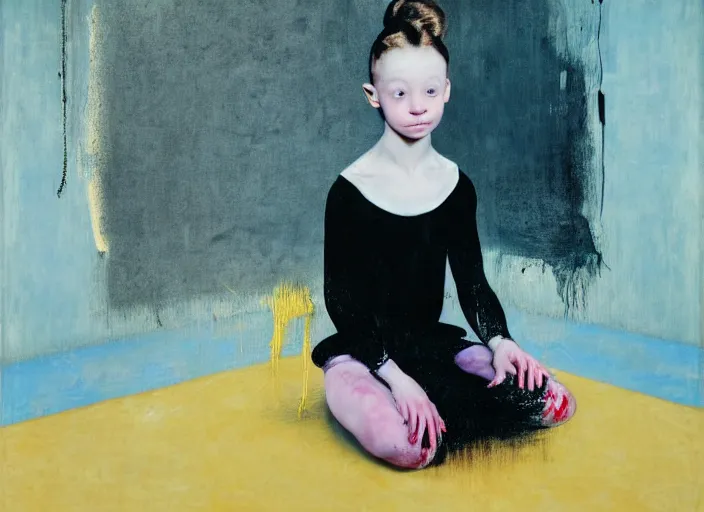 Image similar to portrait of nervous young girl ballerina sitting on the floor focusing in a dance hall by vincent lafevre and francis bacon and pat steir and hilma af klint, psychological, symmetrical face, dripping paint, washy brush, matte painting, rendered in octane, altermodern, masterpiece