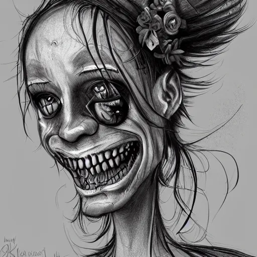 Prompt: grunge cartoon sketch of a human flower mix with a wide smile by - michael karcz, loony toons style, horror theme, detailed, elegant, intricate