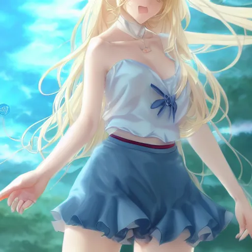 Image similar to a very beautiful anime grown girl, full body, long wavy blond hair, sky blue eyes, full round face, short smile, fancy top, miniskirt, front view, medium shot, mid-shot, highly detailed, cinematic wallpaper by Stanley Artgerm Lau