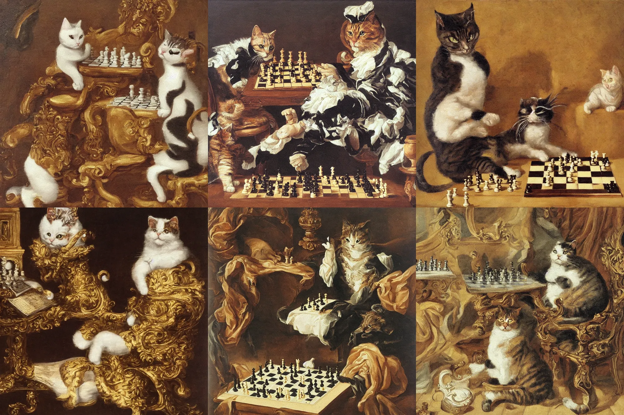 Prompt: cat playing chess looking wise, rococo oil painting