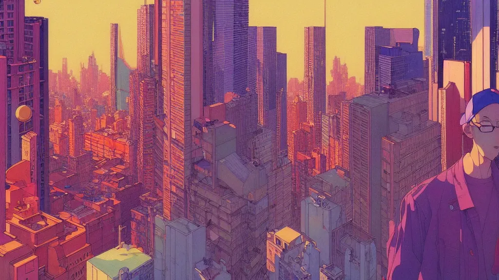 Prompt: chillhop aesthetics city view painting by moebius and satoshi kon and dirk dzimirsky close - up portrait! dream chillhop aesthetics city view painting by moebius and satoshi kon and dirk dzimirsky close - up portrait