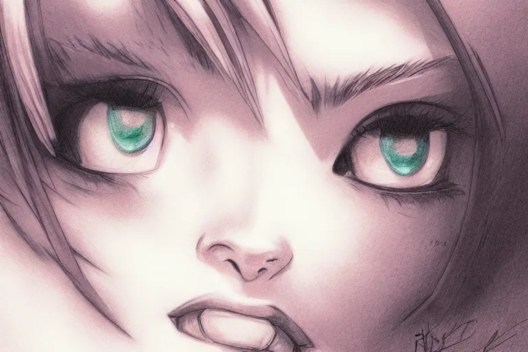 Prompt: sultry look in her eyes Yuffie Kisaragi close-up portrait looking straight on, complex artistic color pencil sketch illustration, full detail, gentle shadowing, fully immersive reflections and particle effects, chromatic aberration.