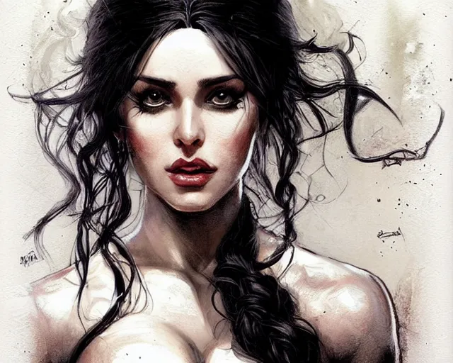 Image similar to portrait of yennefer as a beautiful female bodybuilder amazon with plump lips, elegant, fantasy, hd shot, digital portrait, beautiful, artstation, comic style, by artgerm, guy denning, jakub rozalski, magali villeneuve and charlie bowater