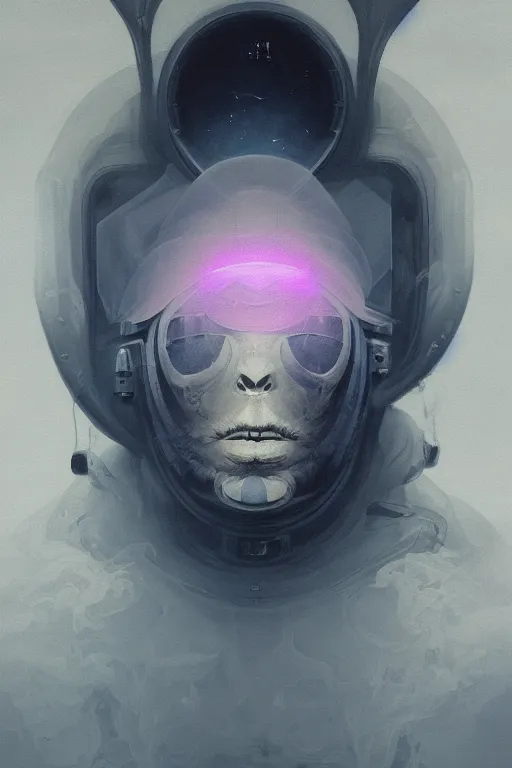 Prompt: close up shot of a full body floating astronaut portrait smoke elemental fading into white smoke, high contrast, james gurney, peter mohrbacher, mike mignola, black paper, mandelbulb fractal, trending on artstation, exquisite detail perfect, large brush strokes, bold pinks and blues tones, intricate ink illustration, black background