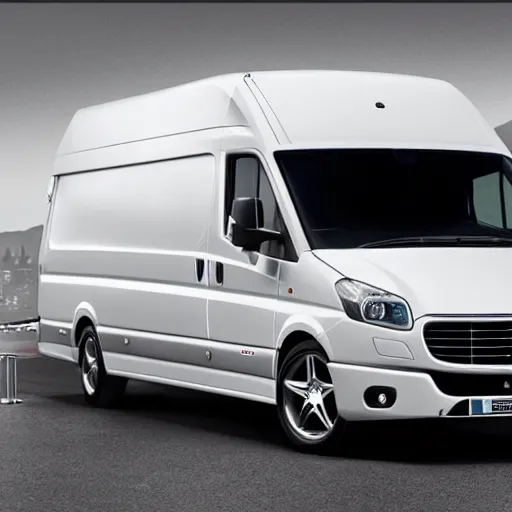 Prompt: A white commercial van designed and produced by Ferrari promotional photo