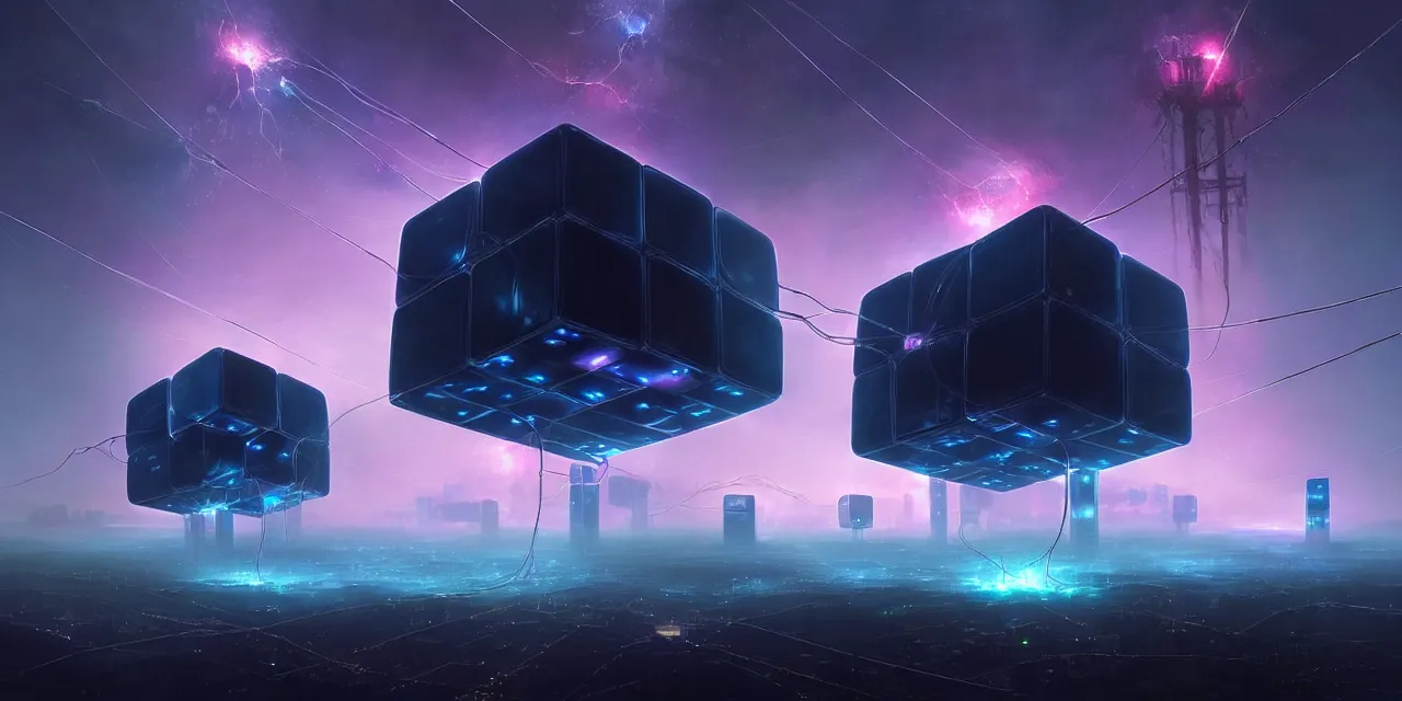 Prompt: a fleet of giant glowing futuristic cubes tied to each other with lots of wires in the sky, thick messy wires, a fantasy magical landscape seen in the distance, atmospheric lighting, intricate, volumetric lighting, beautiful, sharp focus, ultra detailed, in the art style of marc simonetti, bowater charlie and brom gerald, astrophotography