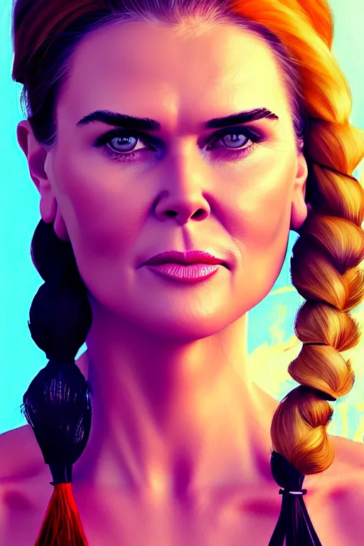 Image similar to portrait of a mix of beautiful young maria shriver, mariel hemmingway, brooke shields, nicole kidman and elle macpherson as an exercise gym girl, thin lips, hair tied up in a pony tail, colorful artstation, cgsociety