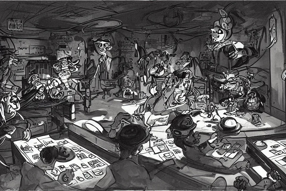 Prompt: rats rolling dice, neon basement, by john kricfalusi and syd mead