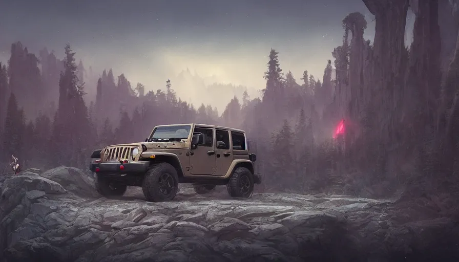 Image similar to single jeep wrangler, tribe members watching nearby, an epic fantasy, dramatic lighting, cinematic, establishing shot, extremely high detail, photorealistic, cinematic lighting, artstation, by simon stalenhag, horizon forbidden west