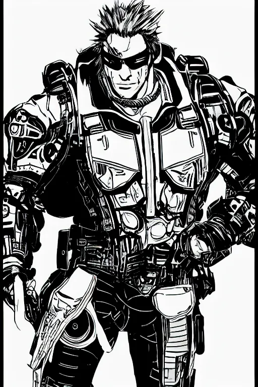 Image similar to senator amstrong from metal gear rising, doing a heroic pose, a page from cyberpunk 2 0 2 0, style of paolo parente, style of mike jackson, adam smasher, johnny silverhand, 1 9 9 0 s comic book style, white background, ink drawing, black and white