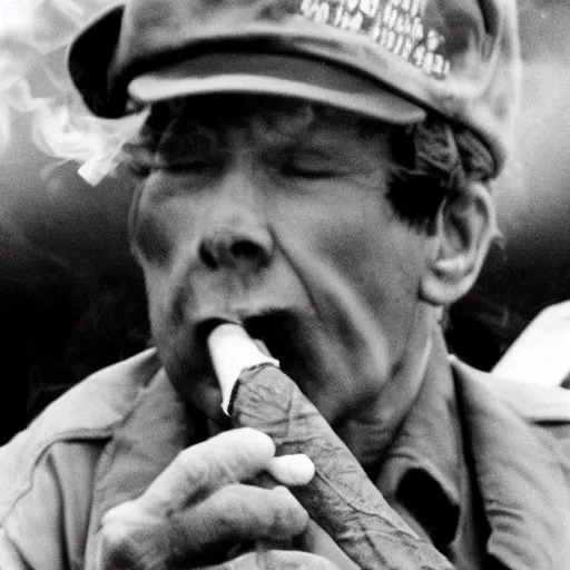 Prompt: close up photograph of shellshocked vietnam veteran smoking cigar width 1 0 2 4