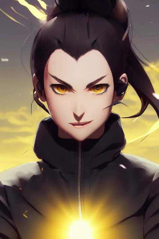 Image similar to black ponytail hair, pale woman in a black zipper jacket, yellow eyes, by artgerm, hair tied in a ponytail, white backdrop, soft lighting, fighting pose, dynamic angle, by greg rutkowski makoto shinkai takashi takeuchi