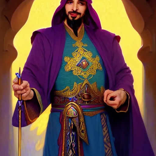 Image similar to charming tailor of middle - eastern descent, dressed in fine colorful robes and jewelry over fantasy armor, goatee, smirking, holding a magic needle, fantasy art by barret frymire by artem priakhin, art by artgerm and greg rutkowski and alphonse mucha, artstation, matte, illustration, intricate, highly - detailed high resolution