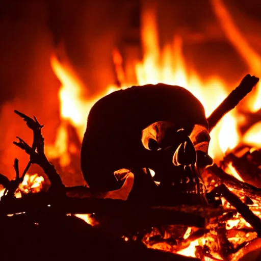 Image similar to skull in a campfire at night, spooky, horror, creepy lighting directed by wes craven