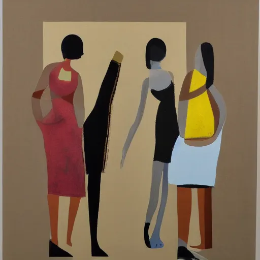 Image similar to A modern abstract painting, depicting three women figures in three different rooms doing different poses, modern earthy neutral earthy, interesting geometry, in the style of Gary Hume