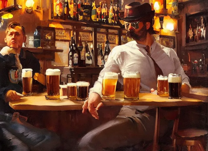 Image similar to greg manchess still life painting of a delicious mug of beer in a dieselpunk bar, organic painting, matte painting, bold shapes, hard edges, street art, trending on artstation, by huang guangjian and gil elvgren and sachin teng