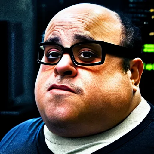 Prompt: obese danny devito as a hacker in the matrix, modelsociety, radiant skin, huge anime eyes, rtx on, perfect face, directed gaze, intricate, contrast correction, sony a 7 r iv, symmetric balance, polarizing filter, photolab, lightroom, 4 k, dolby vision, photography award