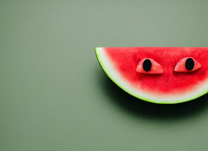 Image similar to photo still of a watermelon with human eyes and mouth, 8 k, studio lighting bright ambient lighting key light, 8 5 mm f 1. 8