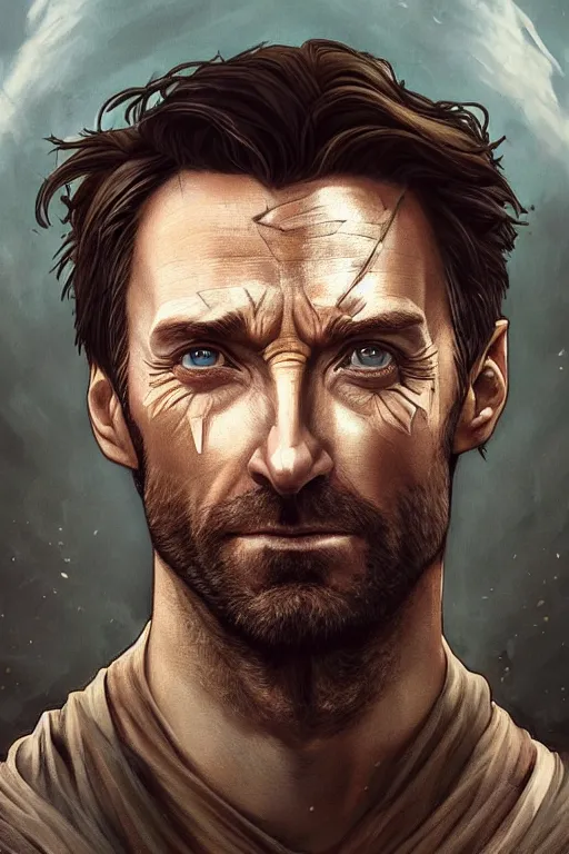 Image similar to symmetry!! portrait of hugh jackman in the boys in the style of god of war, machine parts embedded into face, intricate, elegant, highly detailed, digital painting, artstation, concept art, smooth, sharp focus, illustration, art by artgerm and greg rutkowski and alphonse mucha, 8 k