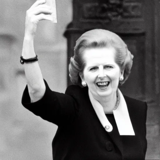 Image similar to margaret thatcher pointing and laughing at coal miners