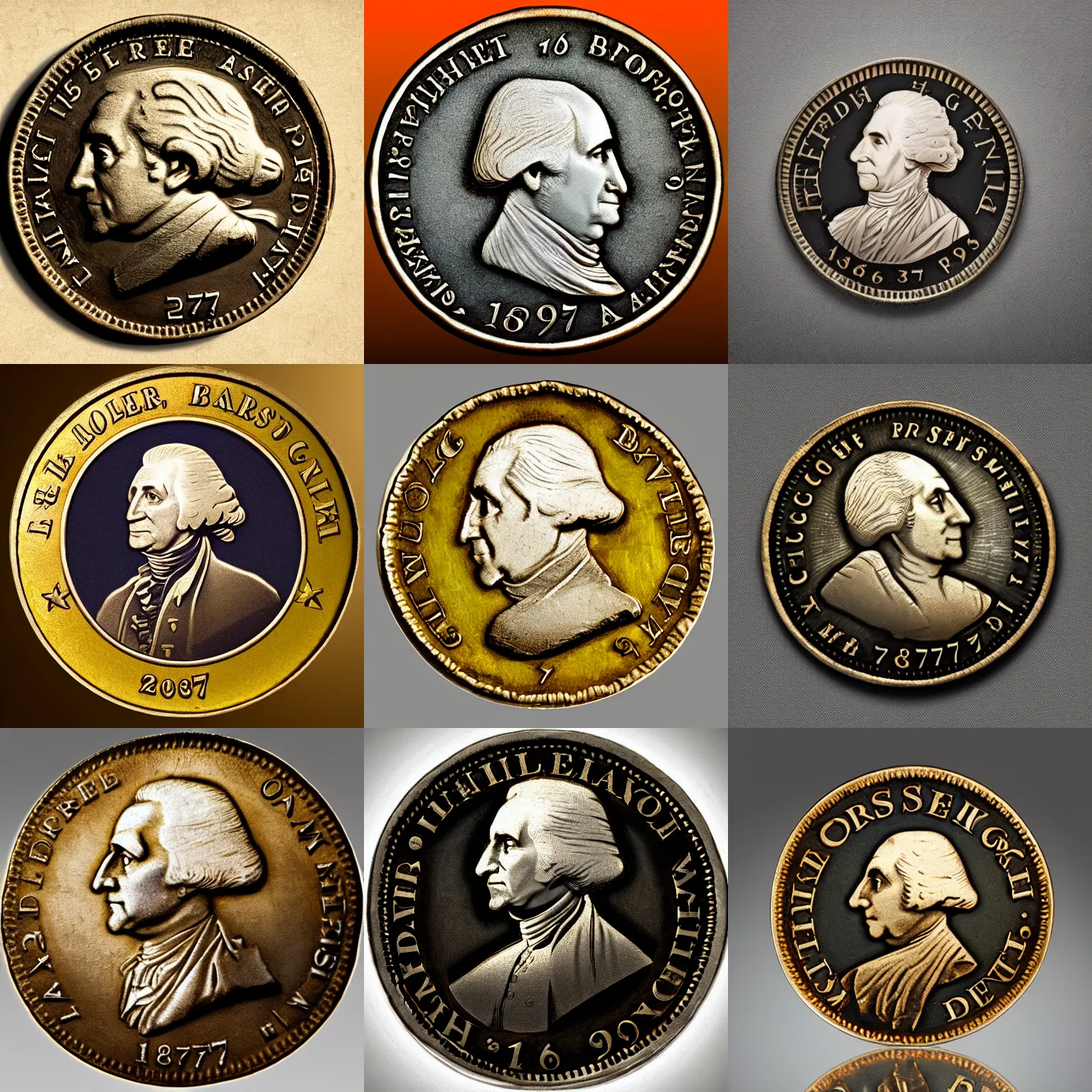 Prompt: a photorealistic photograph of a 1787 Brasher Doubloon coin featuring George Washington's face. This 4K HD image is Trending on Artstation, featured on Behance, well-rendered, extra crisp, features intricate detail and the style of Unreal Engine.