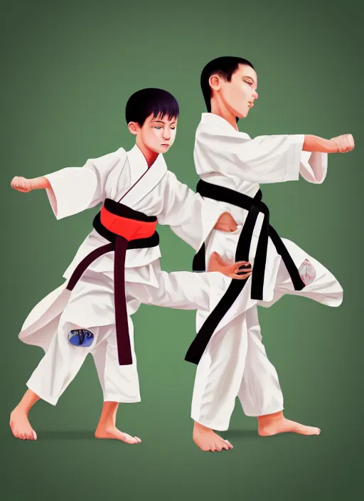 Image similar to two beautiful identical twin boys fighting karate on an hill wearing their kimono, digital illustration, glowing colors, realistic