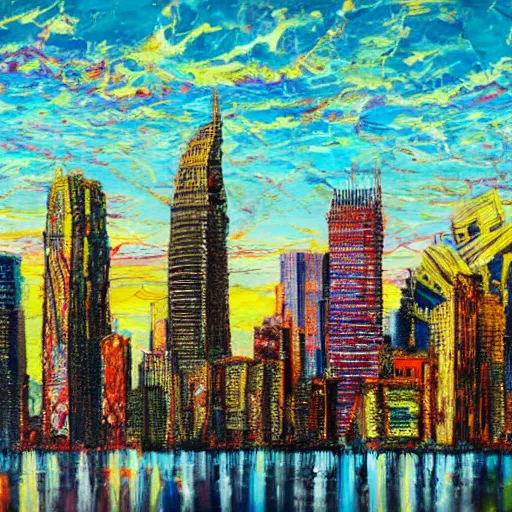 Prompt: Hyperrealistic intensely colored studio Photograph portrait of a Godzilla terrorizing Omaha skyline long exposure, award-winning nature expressionistic impasto oil painting by Fabian Marcaccio and Jean Dubuffet and Audubon vivid colors hyperrealism 8k