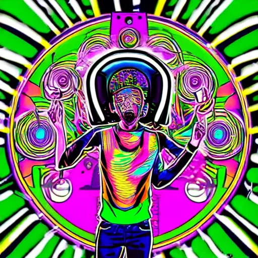 Image similar to svg sticker of a Dancing-Alex-Grey-Psychedelic-Rave-Man, at a rave, spinning records, giant headphones rocking out, wearing headphones, huge speakers, dancing, rave, DJ, spinning records, digital art, amazing composition, rule-of-thirds, award-winning, trending on artstation, featured on deviantart