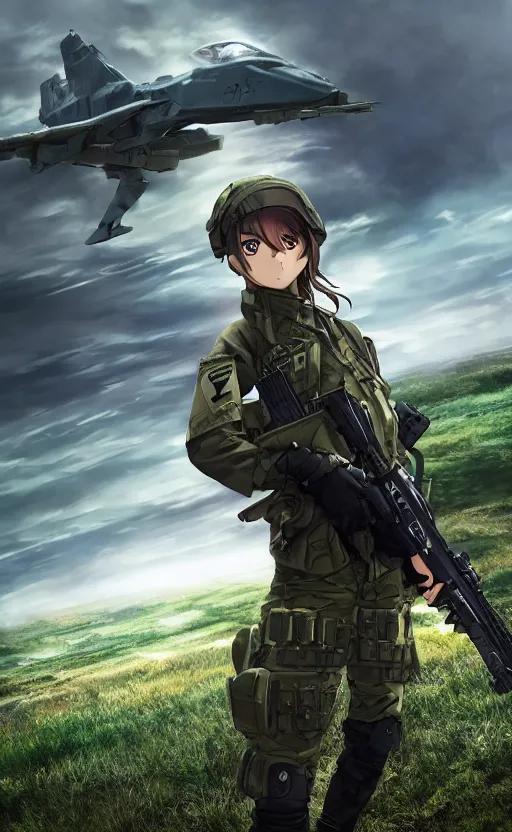 Prompt: girl, trading card front, future soldier clothing, future combat gear, realistic anatomy, concept art, professional, by ufotable anime studio, green screen, volumetric lights, stunning, military camp in the background, metal hard surfaces